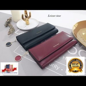 Women Leather Wallets Long Style  Purse Black/wine